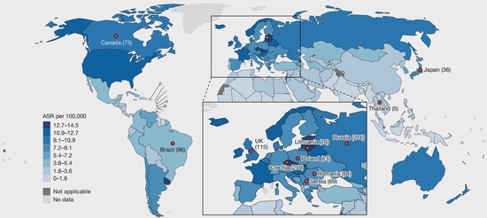 Geographic variation of mutagenic exposures in kidney cancer genomes